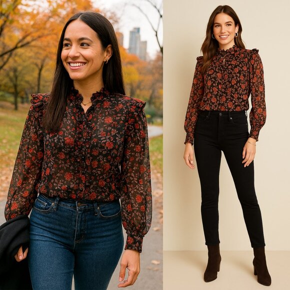 MISA Los Angeles NWT Red & Black Floral Ruffle Blouse Top – Medium - Picture 1 of 16
